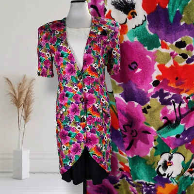 Vintage 90s Rayon Blazer Dress Size 8 Watercolor Floral Layered Colorful - Image 1 of 4
