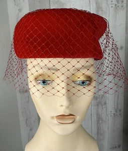 Vintage 1950-60s Red Velvet Pillbox Hat w/ Birdcage Veil Rockabilly Retro - Picture 1 of 9
