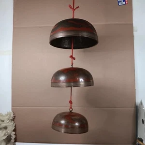 ANTIQUE JAPANESE 3 TIER 32" BRONZE HAND PAINTED DRAGON ASIAN TEMPLE BELLS RINGER - Picture 1 of 19