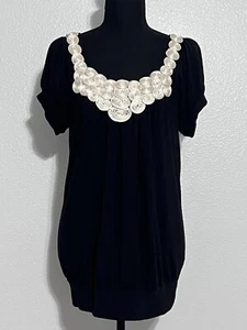 Women’s Black Top With Cream Rosette Neckline - Picture 1 of 5