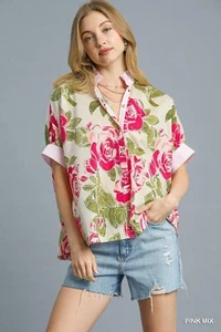 Camisa Top Umgee para Mujer Rosas Florecientes con Botones en Rosa Crema - Imagen 1 de 6