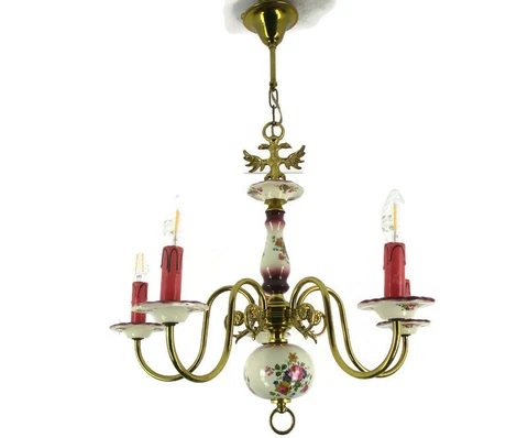 Romantic Chandelier Pendant 5 arm Lights Porcelain Flowers Brass Eagles Flemish Cover