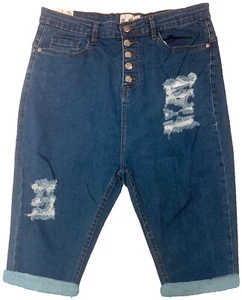 Pantaloncini da donna in denim blu elasticizzati rialzati strappati sfilacciati 5 tasche - Foto 1 di 2