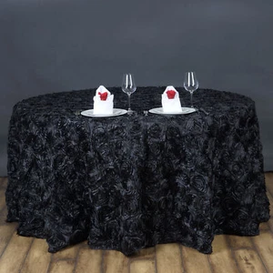 Black RIBBON ROSES 120" ROUND TABLECLOTH Fancy Wedding Party Catering Linens - Picture 1 of 4