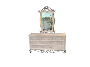 Vintage wrought iron base wicker dresser with mirror 7 drawers - Picture 1 of 9