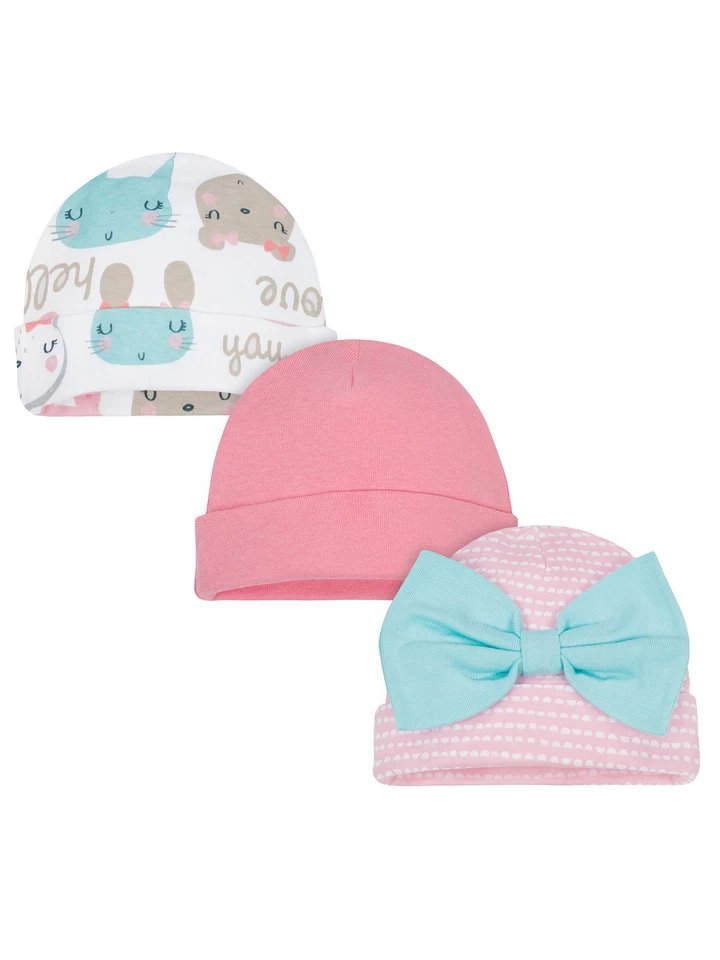 Gerber Bebé Niñas Paquete de 3 Gorras Orgánicas NUEVAS Tallas Recién Nacido, 0-6 Meses Sombreros Foto 1 de 1