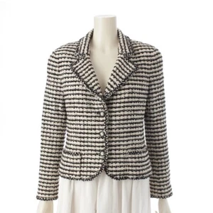CHANEL 97P Cotone Tweed COCO Mark Bottone Check Corto Giacca Sartoriale Top P0... - Foto 1 di 18