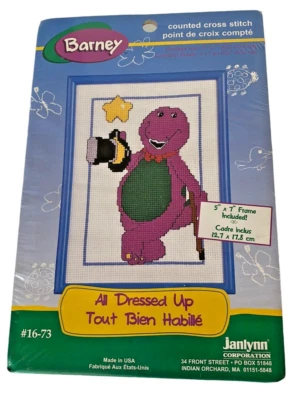 Vintage Barney Framed Counted Cross Stitch Kit All Dressed Up 1997 Dinosaur NOS - Image 1 of 4
