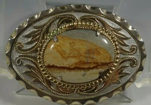 BELT BUCKLE WITH NATURAL POLISHED GEMSTONE JASPER AGATE VINTAGE VERY CLEAN - Picture 1 of 2