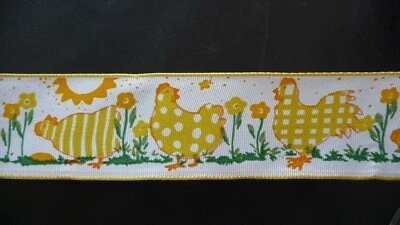 Dekoband/Schmuckband mit Drahtrand   lustige Hühner   ca. 3,9cm breit + 9 m lang - Bild 1 von 3