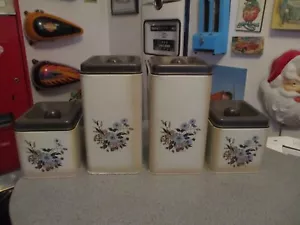 VINTAGE METAL 4 KITCHEN CANISTERS EKCO CANADA FLOWER PATTERN FOGGED CLEAN - Picture 1 of 10