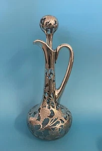 Antica brocca decanter in vetro argento sterling Alvin sovrapposizione vite uva - Foto 1 di 19