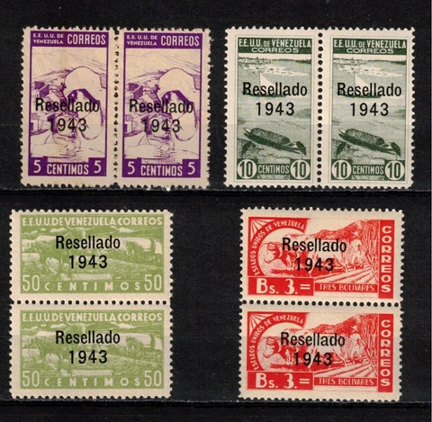 S43565 Venezuela 1943 MNH Resellado 4v 5c No Gum Slightly Toned - Pair Cover
