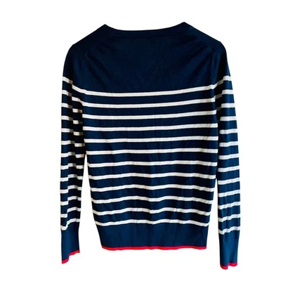 Suéter Banana Republic Seda Cachemira Azul Marino Blanco Rayas Cuello Redondo M Foto 1 de 4