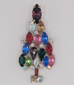 Vintage Christmas Tree Pin Multicolor Rhinestones Prong Set - Picture 1 of 5