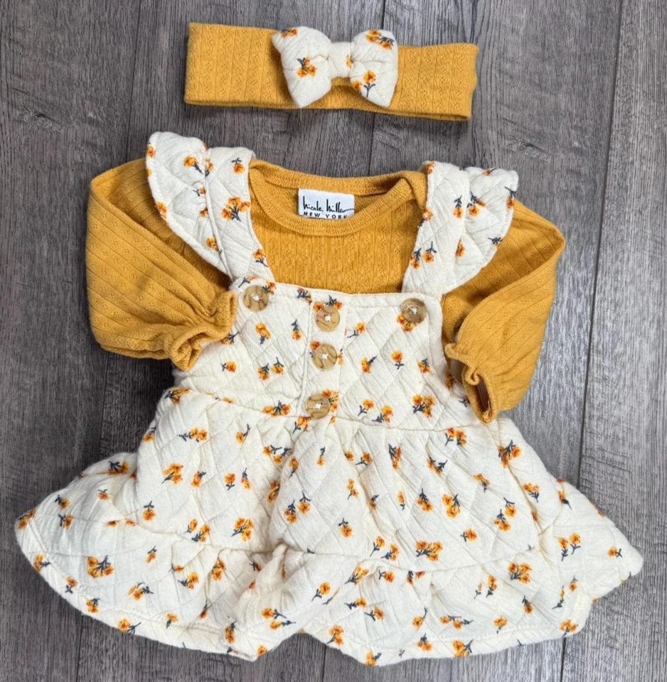 Ropa para bebé niña Nicole Miller 0-3 meses 3 piezas vestido floral amarillo y diadema Foto 1 de 4