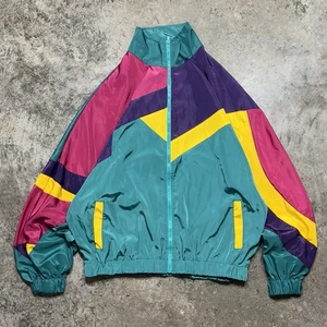 Vintage türkis Farbblock Nylon Windbreaker durchgehender Reißverschluss bunt 1990er Herren Medium - Bild 1 von 6