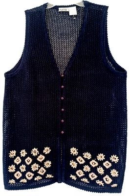 Chaleco Suéter Vintage Para Mujer Crochet Cuentas Talla 1X Margaritas Cottagecore Azul Foto 1 de 4