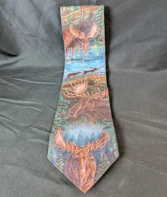 Corbata para hombre D'em Crazy Moose Woodland Lake Scene Foto 1 de 4