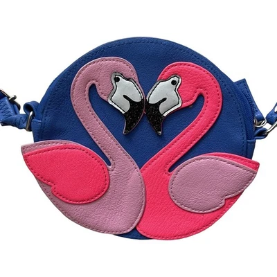 Flamingo Crossbody Schultertasche Handtasche rund rosa blau Reißverschluss 6" - Bild 1 von 4