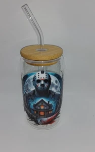 16 Unzen Trinkglas mit Bambusdeckel und Glasstrohhalm, Jason Voorhees - Bild 1 von 2