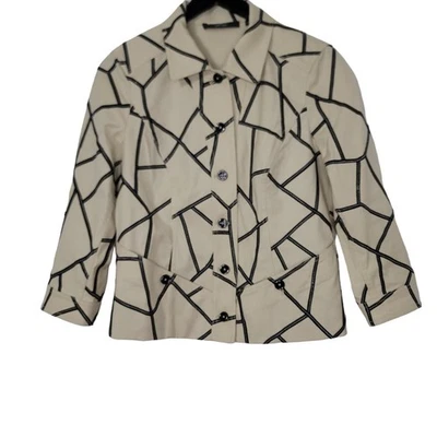 Blazer Per Se 6 Beige Negro Geométrico Abotonado Algodón Elastizado Neutro Preppy Foto 1 de 4