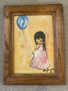 DeGrazia Framed Print “ Girl With Blue Balloon" Wood Frame Size Is 11.5” x 15”