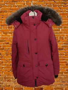 SUPERDRY RED COAT SMALL WOMENS FAUX FUR DETACHABLE HOOD PARKA WINTER JACKET LONG - Picture 1 of 6