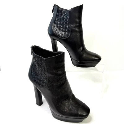 Bottega Veneta Size 40 (9) Black Leather Intrecciato Platform Ankle Boots - image 1 of 4