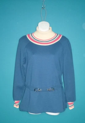 Vtg 60s 70sn Dalton Flat Knit Wool Tunic Turtleneck Blue W/ Stripes & Belt Sz M - Image 1 of 4