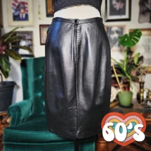 Vintage 60s THE LEATHER POUCH OF CALIFORNIA Black Leather Midi Skirt ❗️RARE❗️ - Picture 1 of 10