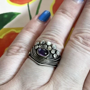 Vintage stamped 925 sterling silver & amethyst adjustable ring boho witchy - Picture 1 of 14