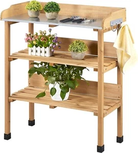 Garden Potting Bench Table with Metal Tabletop/Storage Shelf/3 Hooks - Picture 1 of 8