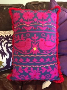 Embroidered Mexican Bird Pillow Flowers BOHO Anthro Folk Art Retro Pillow - Picture 1 of 12