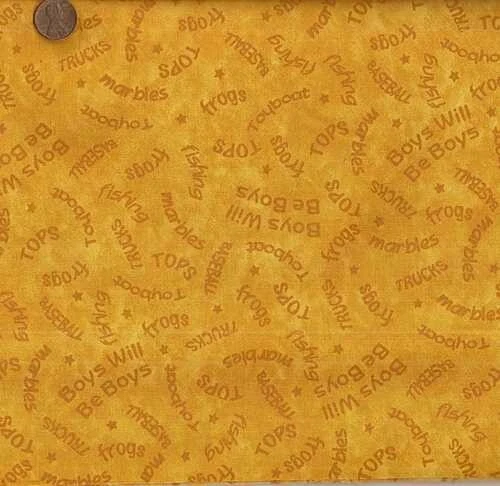 Boys will be Boys yellow gold words  Exclusively Quilters 20 inch piece fabric - Image 1 of 1