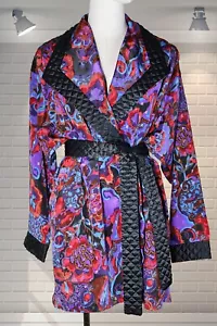 Vintage 1980s Quilted Lapels & Belt Crazy Print Short Length Dressing Gown Robe - Picture 1 of 5