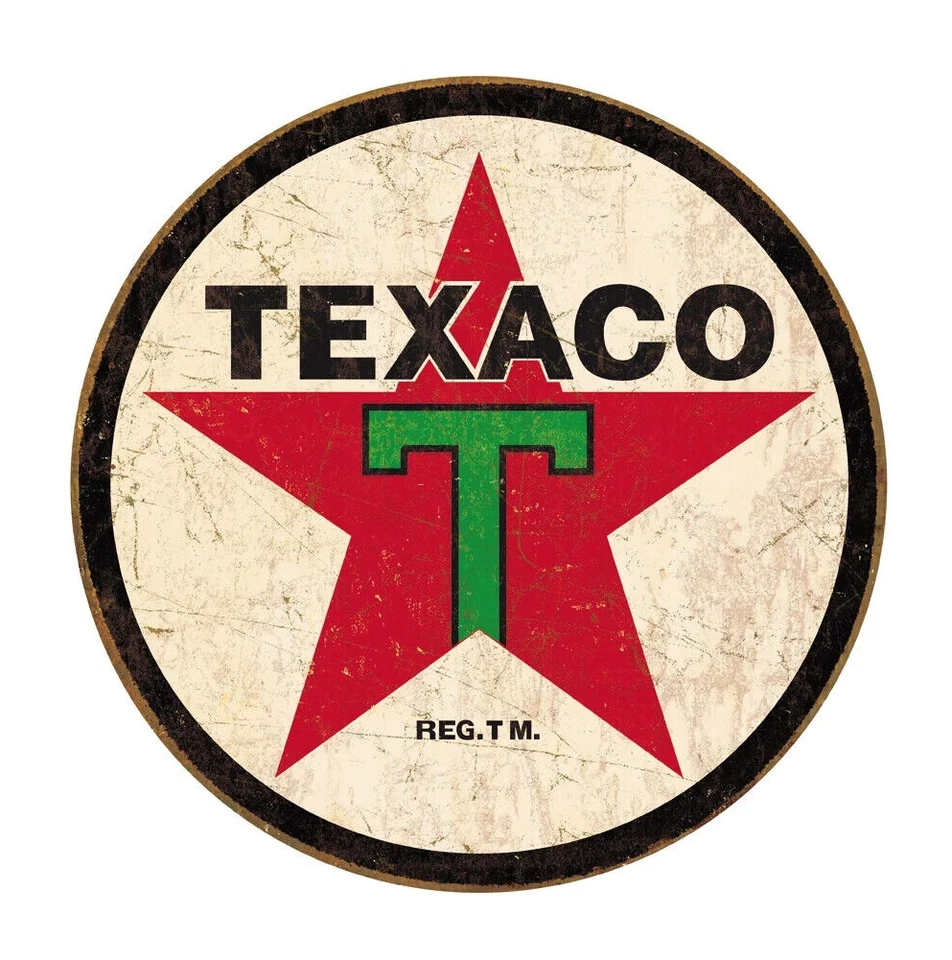TEXACO GAS AND OIL ROUND TIN SIGN RUSTIC METAL GAS STATION WALL ART - Image 1 of 1