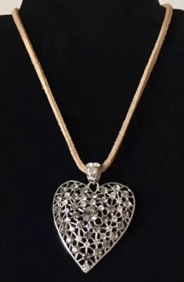 Beige Leather Choker Necklace with Large Silver Heart 21” Long VGC - Image 1 of 4