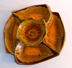 MCM California Pottery Chip Dip USA 385 Gold Orange Brown Ceramic Centerpiece - Picture 1 of 22