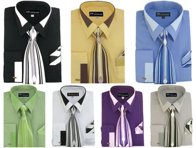 Camisa de vestir de moda para hombre con corbata y pañuelo puño francés SG-34 Foto 1 de 4