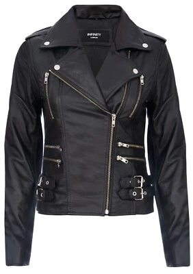 Ladies Leather Biker Jacket Black 100% Lamb Nappa Classic Moto Gothic Jacket - Image 1 of 4