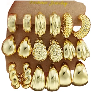 9 Piece Gold Tone Earrings Set Geometric Drop Dangle C Shape Twist for Women - Picture 1 of 10