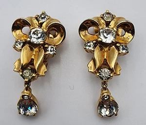 Splendidi orecchini vintage firmati Joseph Mazer strass trasparenti clip on tono oro - Foto 1 di 7