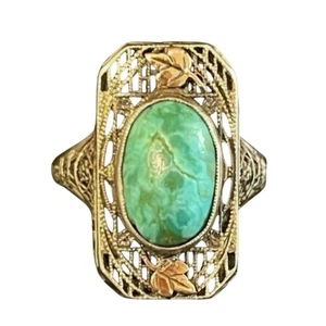 Antique 1920s Art Deco 14K Gold Natural Turquoise Ring Size 6.5 - Picture 1 of 11