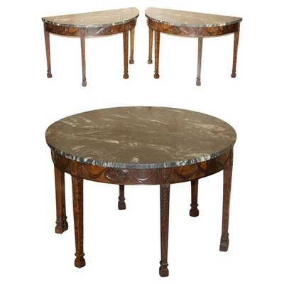 PAIR OF 19TH CENTURY MAHOGANY ADAMS DEMI LUNE WABI-SABI MARBLE CONSOLE TABLES - Image 1 of 4