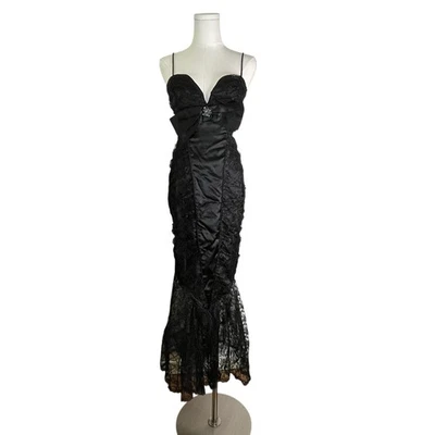 Vintage Karen Okada Climax 80s 90s Black Lace Satin Bow Mermaid Bodycon Dress - Image 1 of 4