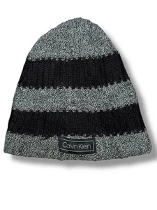 Calvin Klein Beanie Hat Black Grey Striped Knit Winter Warm Logo Unisex Autumn - Picture 1 of 4