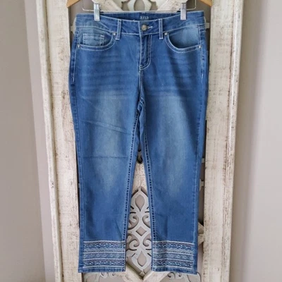 a.n.a Women's Embellished Embroidered Hem Ankle Denim Jeans in Blue - Image 1 of 4