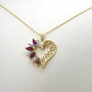 10k Gold Natural Diamond Marquise Ruby Open Heart Pendant Necklace 18in - Picture 1 of 7