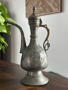 Antique Middle Eastern Tinned Copper Ibrik 14" tall w/ Snake Handle - Picture 1 of 16